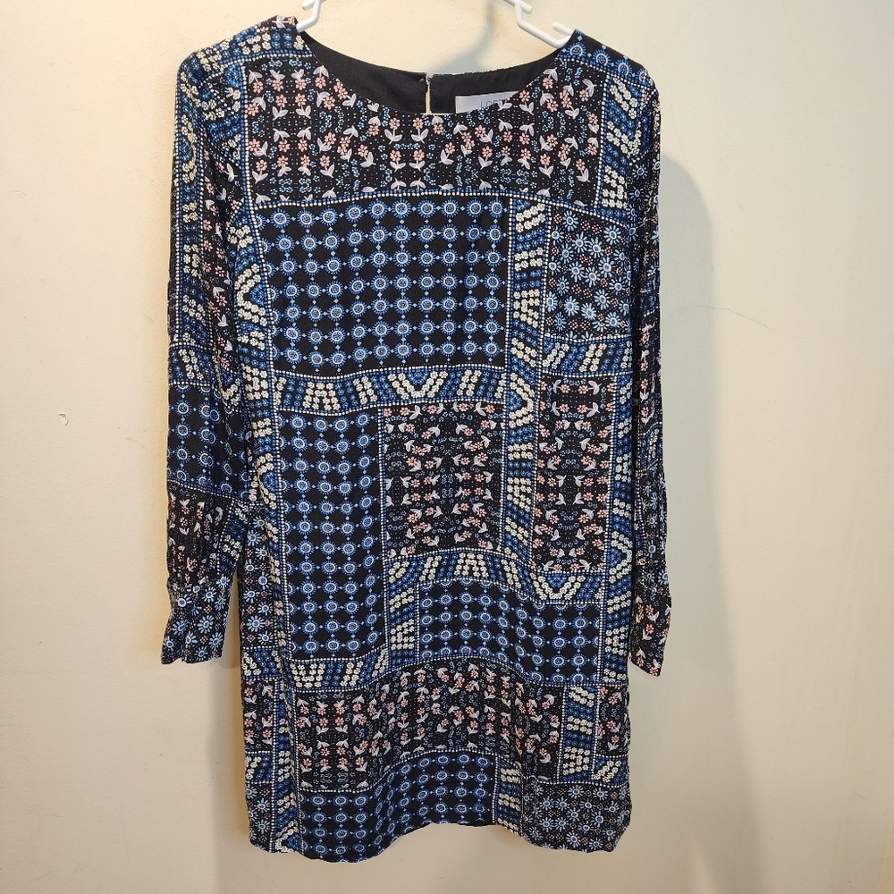 LOFT Blue and Pink Patterned Long Sleeves Short  Dress 8P
